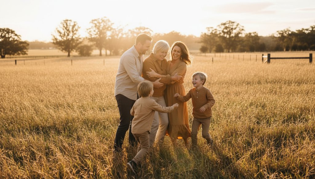 Authentic candid photography capturing Miners Rest family joy: A family laughing spontaneously during golden hour at Miners Rest's picturesque forgotten rail trail, illuminated by dramatic backlight, seen from a low angle.