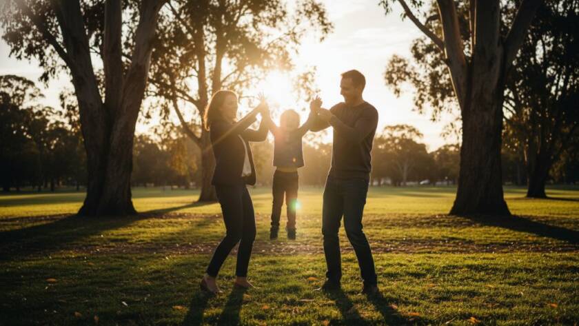 An authentic candid photography Caulfield South family portrait, capturing a joyous, sun-drenched moment of a family laughing together in a Caulfield South park, late afternoon golden hour lighting, cinematic colour grading.