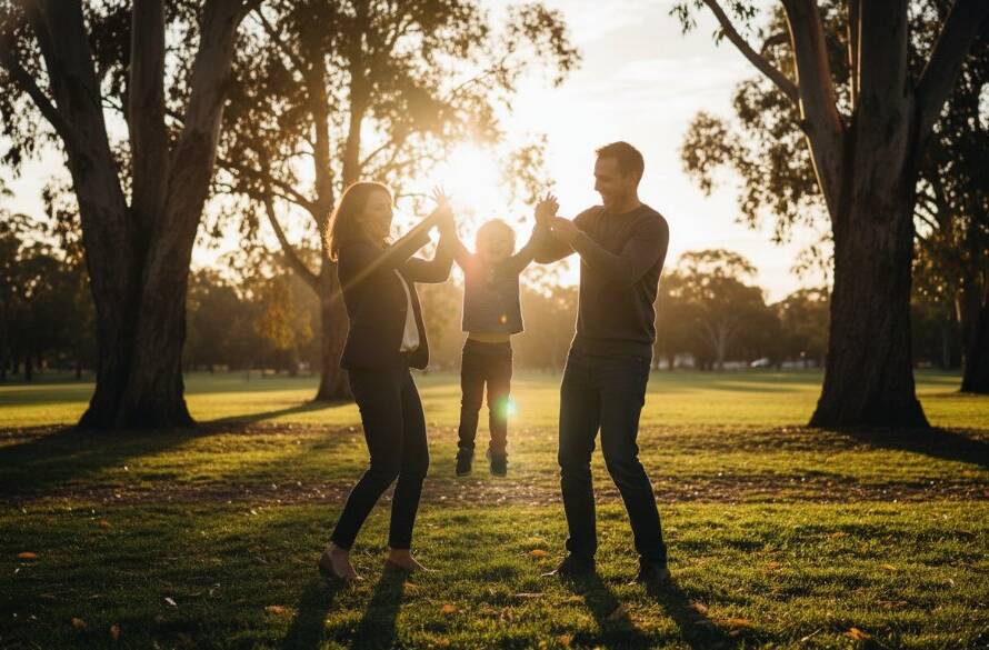 An authentic candid photography Caulfield South family portrait, capturing a joyous, sun-drenched moment of a family laughing together in a Caulfield South park, late afternoon golden hour lighting, cinematic colour grading.