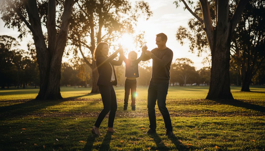 An authentic candid photography Caulfield South family portrait, capturing a joyous, sun-drenched moment of a family laughing together in a Caulfield South park, late afternoon golden hour lighting, cinematic colour grading.