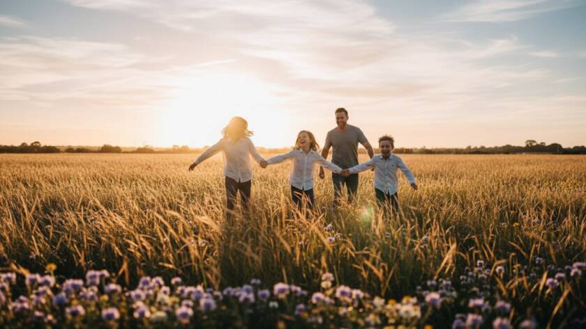 A heartwarming, sun-drenched authentic candid photography Chelsea Heights family moments image, showing a young family laughing joyfully as they play together near Bicentennial Park, bathed in golden hour light, capturing pure happiness and connection.