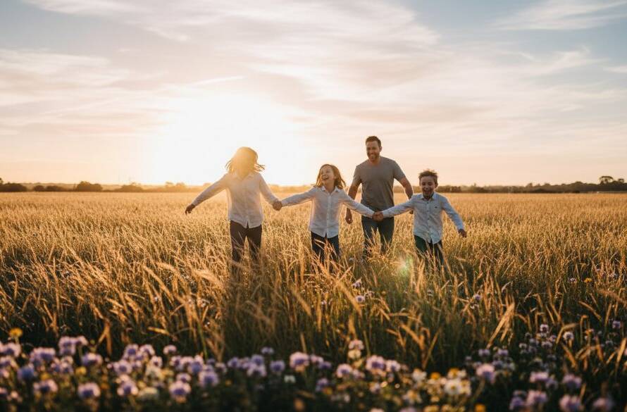 A heartwarming, sun-drenched authentic candid photography Chelsea Heights family moments image, showing a young family laughing joyfully as they play together near Bicentennial Park, bathed in golden hour light, capturing pure happiness and connection.