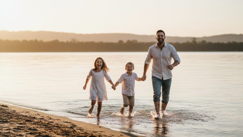 An intimate, authentic candid photography Colac moment of a family laughing genuinely together by Lake Colac at sunset, with warm golden light, showcasing their real connection.