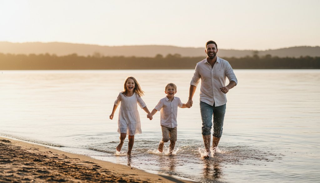 An intimate, authentic candid photography Colac moment of a family laughing genuinely together by Lake Colac at sunset, with warm golden light, showcasing their real connection.