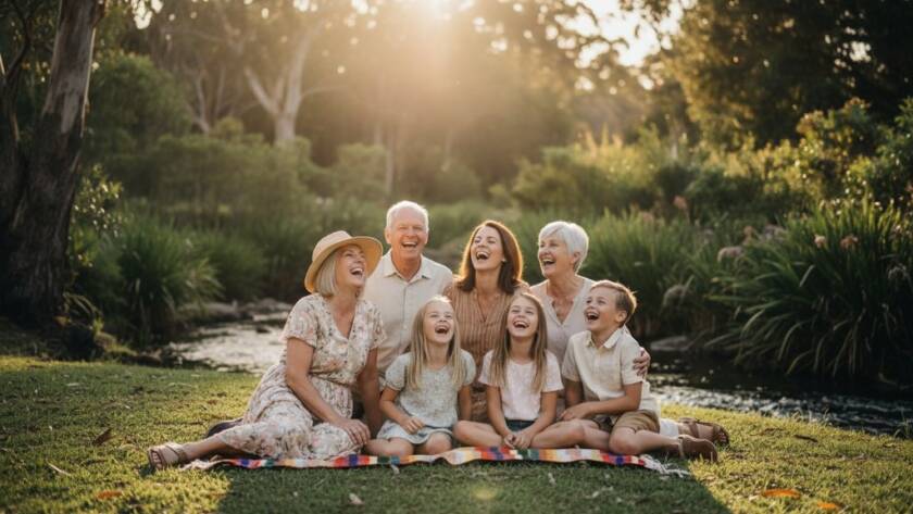 A heartwarming, cinematic photograph showcasing authentic candid photography Croydon North families, specifically a family laughing joyously by the leafy creek at Candlebark Walk, bathed in golden hour light, capturing a truly unscripted, beautiful connection.