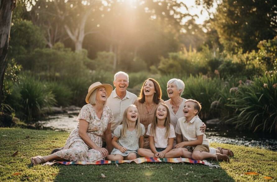 A heartwarming, cinematic photograph showcasing authentic candid photography Croydon North families, specifically a family laughing joyously by the leafy creek at Candlebark Walk, bathed in golden hour light, capturing a truly unscripted, beautiful connection.