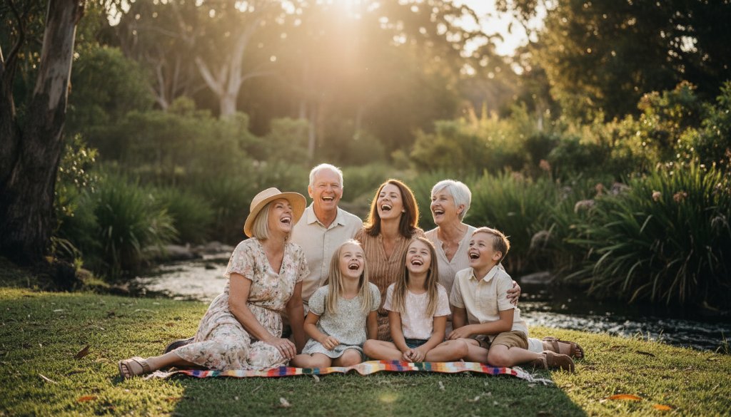 A heartwarming, cinematic photograph showcasing authentic candid photography Croydon North families, specifically a family laughing joyously by the leafy creek at Candlebark Walk, bathed in golden hour light, capturing a truly unscripted, beautiful connection.