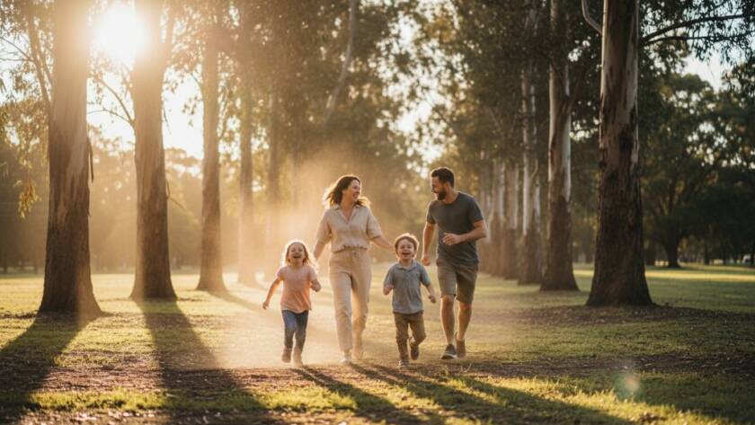 An epic moment of a family laughing genuinely in a sun-drenched park, showcasing authentic candid photography Croydon Victoria, with golden hour light filtering through eucalyptus trees and children playing joyfully.