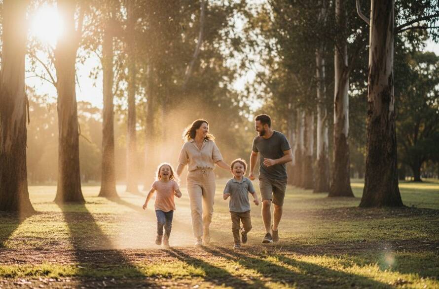 An epic moment of a family laughing genuinely in a sun-drenched park, showcasing authentic candid photography Croydon Victoria, with golden hour light filtering through eucalyptus trees and children playing joyfully.