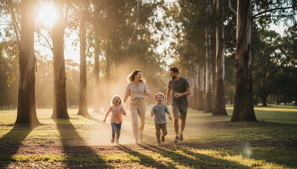 An epic moment of a family laughing genuinely in a sun-drenched park, showcasing authentic candid photography Croydon Victoria, with golden hour light filtering through eucalyptus trees and children playing joyfully.