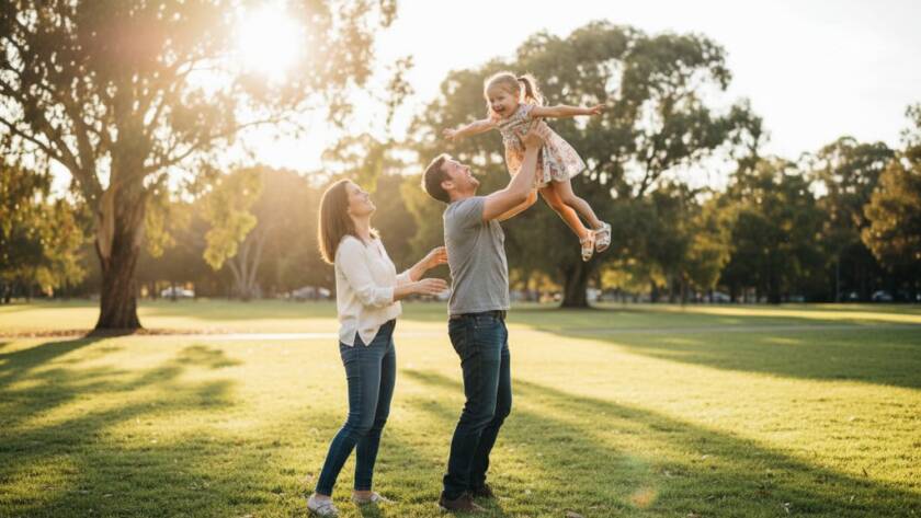 Joyful candid moment of a family laughing together in a sun-dappled park in Deer Park, Victoria, showcasing authentic candid photography Deer Park family moments with warm, golden hour light.