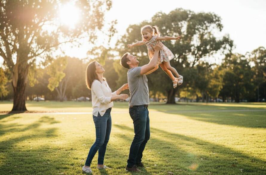 Joyful candid moment of a family laughing together in a sun-dappled park in Deer Park, Victoria, showcasing authentic candid photography Deer Park family moments with warm, golden hour light.