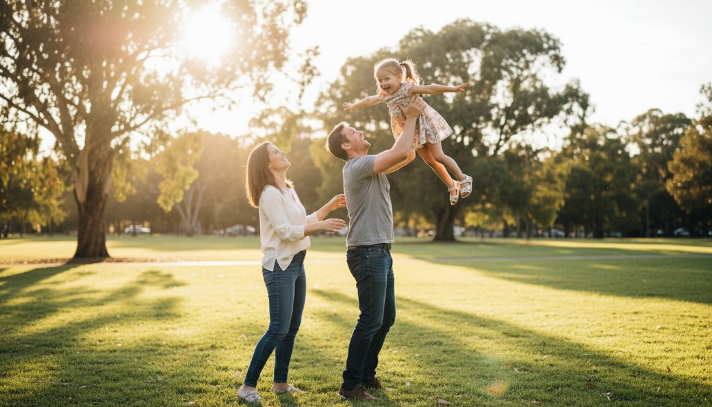 Joyful candid moment of a family laughing together in a sun-dappled park in Deer Park, Victoria, showcasing authentic candid photography Deer Park family moments with warm, golden hour light.