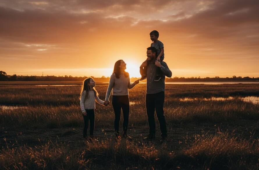 A heartwarming and authentic candid photography Derrimut family moments shot, showing parents embracing their laughing children under the golden hour light in a local Derrimut park, capturing pure joy.
