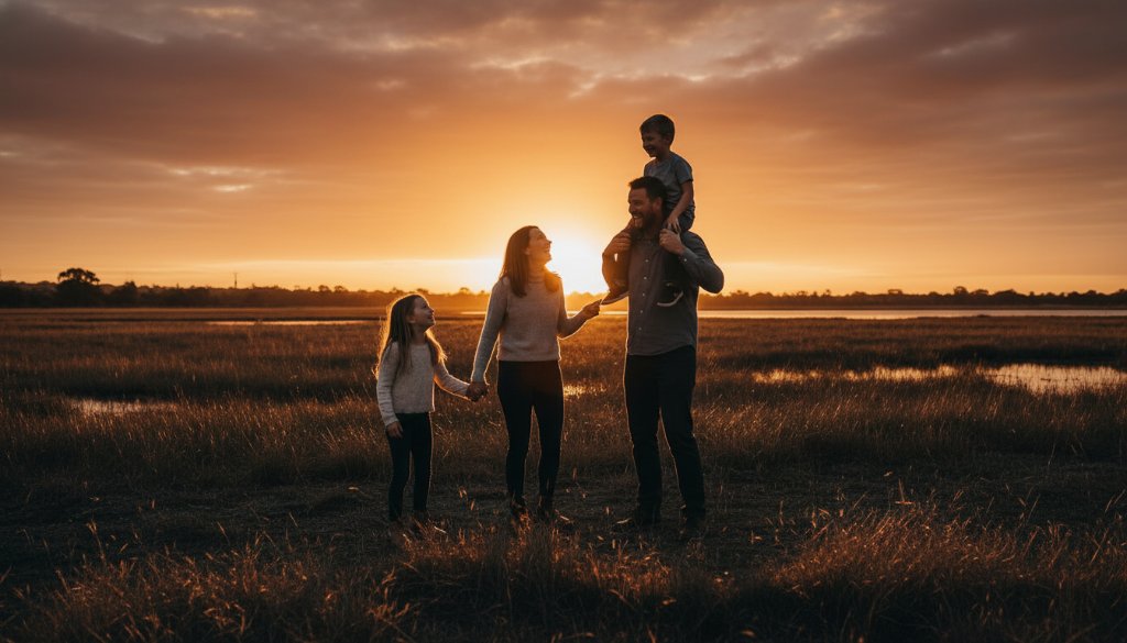 A heartwarming and authentic candid photography Derrimut family moments shot, showing parents embracing their laughing children under the golden hour light in a local Derrimut park, capturing pure joy.