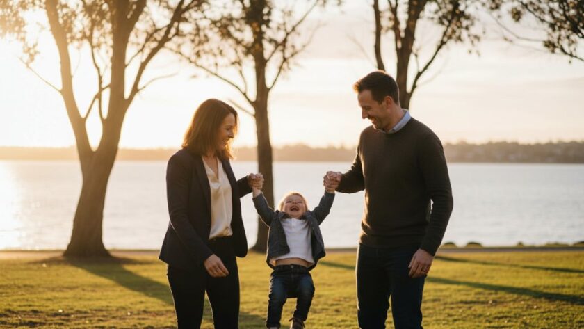 A heartwarming authentic candid photography family stories Drumcondra moment, capturing genuine laughter as parents swing their child against the backdrop of a sun-drenched Rippleside Park, evoking pure joy and connection.
