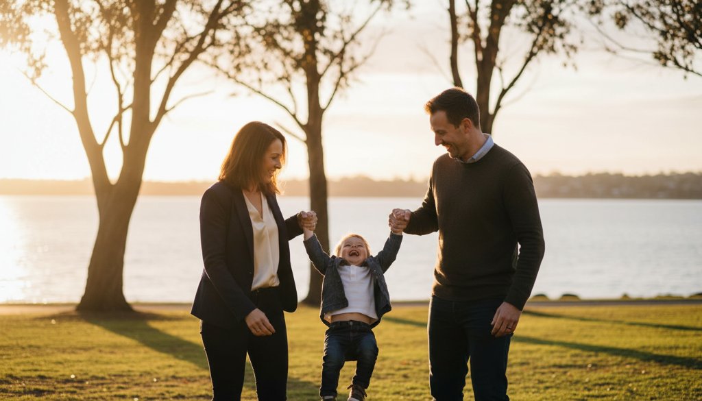 A heartwarming authentic candid photography family stories Drumcondra moment, capturing genuine laughter as parents swing their child against the backdrop of a sun-drenched Rippleside Park, evoking pure joy and connection.
