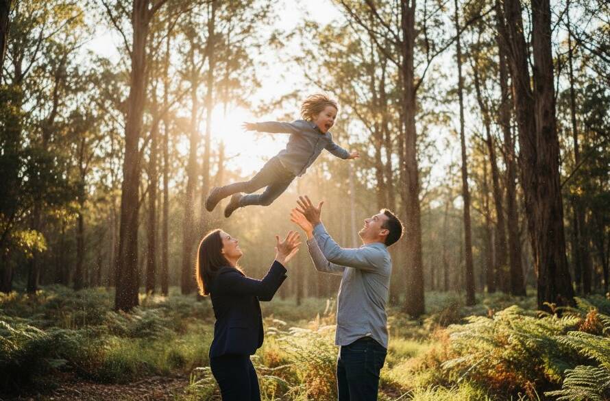 An emotionally vibrant, wide-angle shot of a family (mother, father, two young children) playing spontaneously amidst the lush, sun-dappled foliage of a Ferntree Gully park, capturing authentic candid photography Ferntree Gully family joy with a child mid-laugh, dramatic golden hour backlight creating lens flare and professional colour grading.