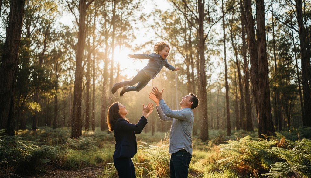 An emotionally vibrant, wide-angle shot of a family (mother, father, two young children) playing spontaneously amidst the lush, sun-dappled foliage of a Ferntree Gully park, capturing authentic candid photography Ferntree Gully family joy with a child mid-laugh, dramatic golden hour backlight creating lens flare and professional colour grading.
