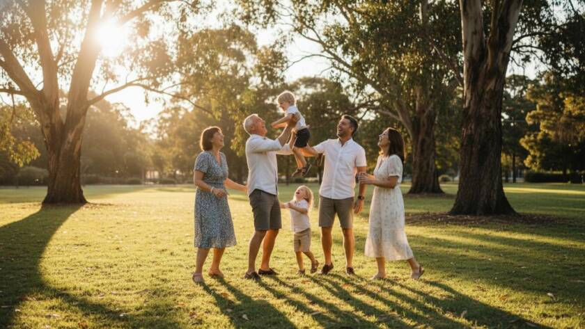 A heartwarming, genuine moment of a family laughing joyously in a sun-dappled Gardenvale park, captured through authentic candid photography, showcasing their bond and the beautiful Victorian light. This epic moment photograph features parents embracing their child, all beaming with happiness.