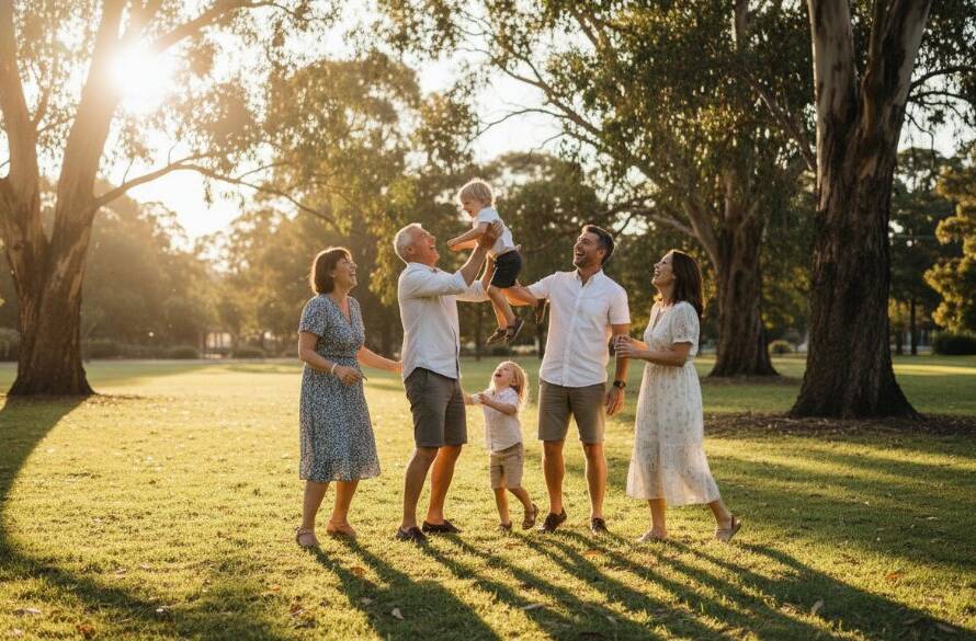 A heartwarming, genuine moment of a family laughing joyously in a sun-dappled Gardenvale park, captured through authentic candid photography, showcasing their bond and the beautiful Victorian light. This epic moment photograph features parents embracing their child, all beaming with happiness.