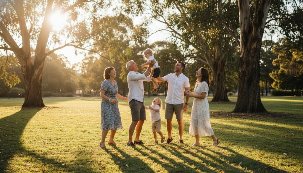 A heartwarming, genuine moment of a family laughing joyously in a sun-dappled Gardenvale park, captured through authentic candid photography, showcasing their bond and the beautiful Victorian light. This epic moment photograph features parents embracing their child, all beaming with happiness.