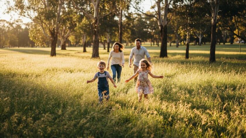 A wide, cinematic candid photograph of a family laughing joyfully during a picnic at a park in Hampton Park, Victoria, with warm, golden hour light filtering through eucalyptus trees, capturing authentic candid photography Hampton Park family moments. The parents are embracing their children, their faces full of genuine happiness, in a soft-focus background.