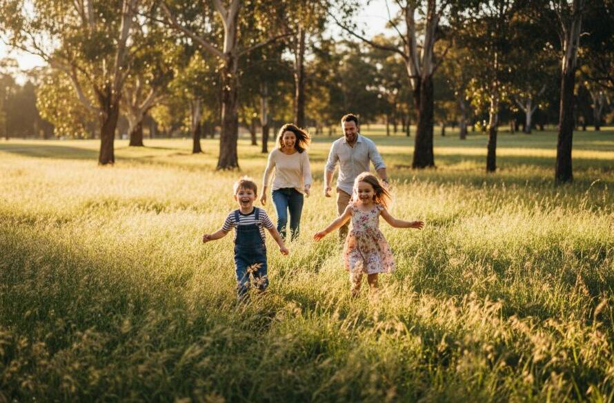 A wide, cinematic candid photograph of a family laughing joyfully during a picnic at a park in Hampton Park, Victoria, with warm, golden hour light filtering through eucalyptus trees, capturing authentic candid photography Hampton Park family moments. The parents are embracing their children, their faces full of genuine happiness, in a soft-focus background.