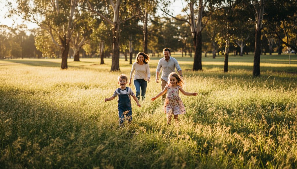 A wide, cinematic candid photograph of a family laughing joyfully during a picnic at a park in Hampton Park, Victoria, with warm, golden hour light filtering through eucalyptus trees, capturing authentic candid photography Hampton Park family moments. The parents are embracing their children, their faces full of genuine happiness, in a soft-focus background.