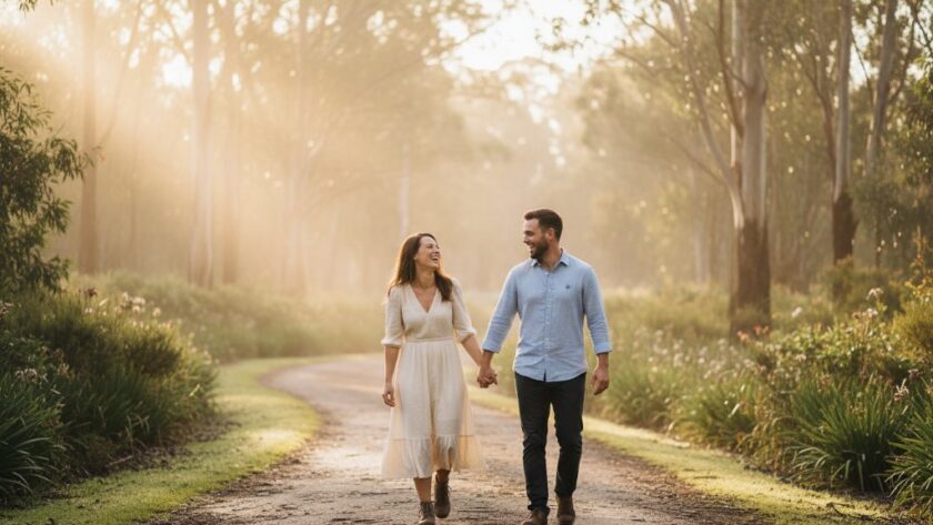 An intimate, authentic candid photography Hepburn Springs spa country moment captured: a couple laughing genuinely by the iconic Hepburn Bathhouse, golden hour sunlight backlighting their joyful expressions, showcasing the natural beauty of the area.