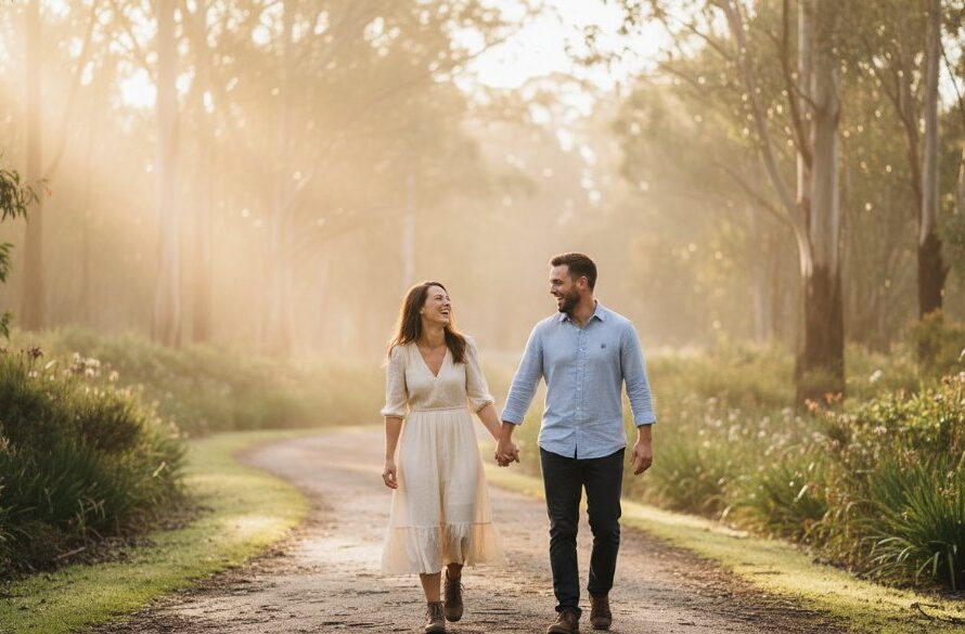 An intimate, authentic candid photography Hepburn Springs spa country moment captured: a couple laughing genuinely by the iconic Hepburn Bathhouse, golden hour sunlight backlighting their joyful expressions, showcasing the natural beauty of the area.