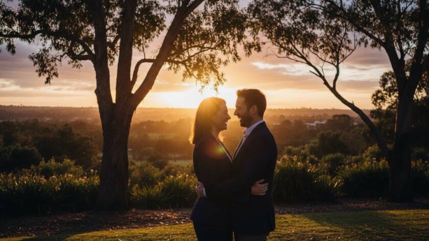 An 'epic moment' candid photograph capturing genuine laughter between a family strolling through the vibrant floral gardens of Kings Park, Victoria, illuminated by golden hour light, showcasing Authentic Candid Photography Kings Park VIC.
