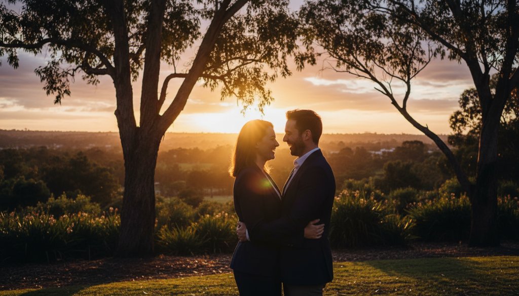 An 'epic moment' candid photograph capturing genuine laughter between a family strolling through the vibrant floral gardens of Kings Park, Victoria, illuminated by golden hour light, showcasing Authentic Candid Photography Kings Park VIC.