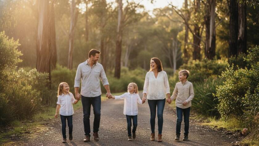 A heartwarming, sun-drenched photograph showcasing Authentic Candid Photography Langwarrin Family Moments, featuring a family laughing joyfully by the Langwarrin Flora and Fauna Reserve lake, captured at golden hour with dramatic backlighting.
