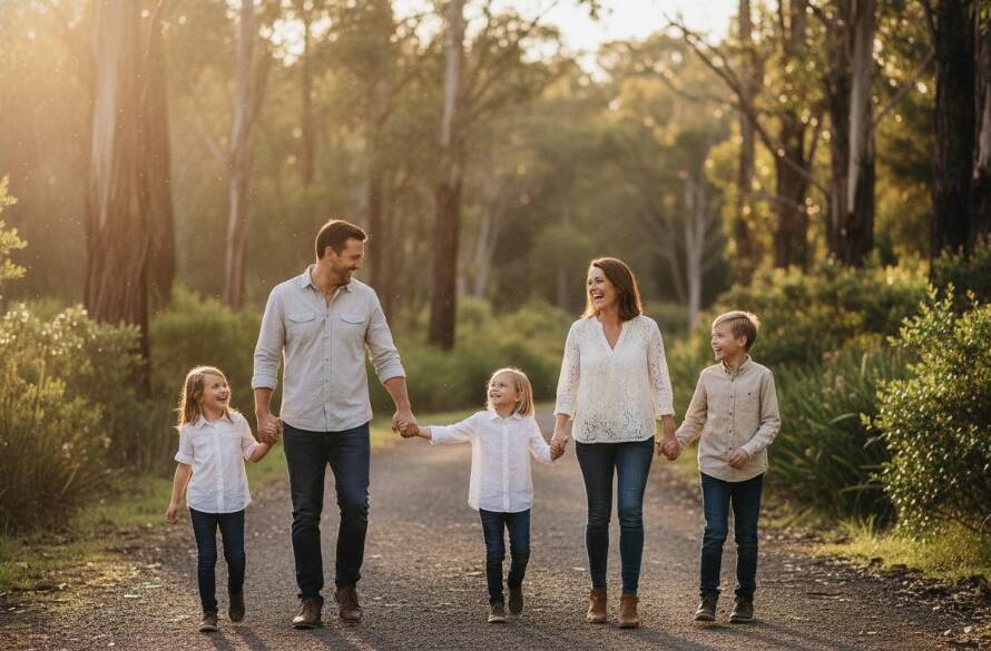 A heartwarming, sun-drenched photograph showcasing Authentic Candid Photography Langwarrin Family Moments, featuring a family laughing joyfully by the Langwarrin Flora and Fauna Reserve lake, captured at golden hour with dramatic backlighting.
