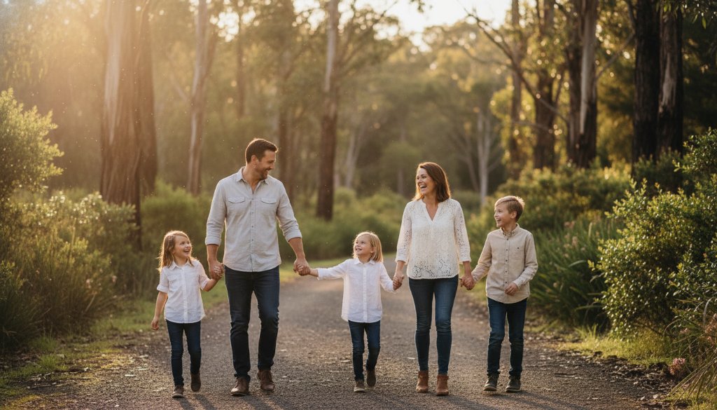 A heartwarming, sun-drenched photograph showcasing Authentic Candid Photography Langwarrin Family Moments, featuring a family laughing joyfully by the Langwarrin Flora and Fauna Reserve lake, captured at golden hour with dramatic backlighting.