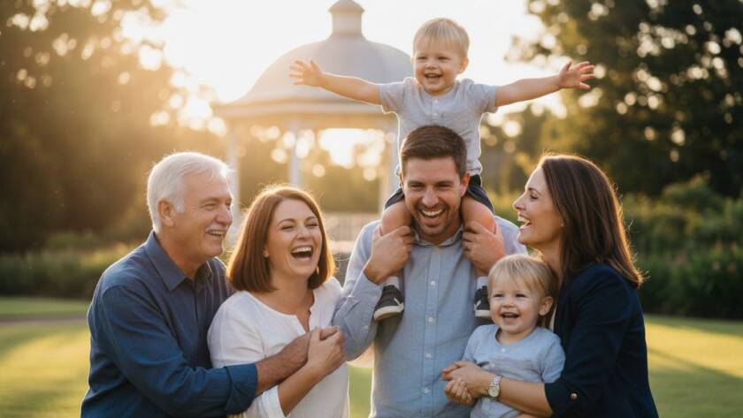An epic moment captured by authentic candid photography Malvern Victoria family storytellers, showing a family laughing joyfully in a sun-drenched Malvern park, showcasing genuine connection and happiness.