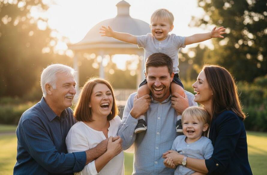 An epic moment captured by authentic candid photography Malvern Victoria family storytellers, showing a family laughing joyfully in a sun-drenched Malvern park, showcasing genuine connection and happiness.