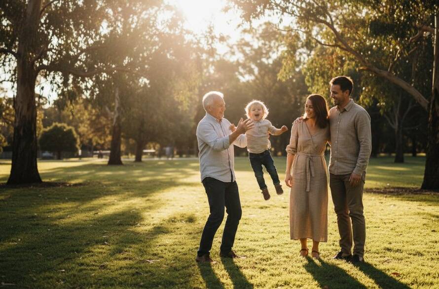 A heartwarming, sun-drenched photograph capturing authentic candid photography moments Carnegie, featuring a family laughing joyously in a park, with golden hour light creating a cinematic glow, highlighting their genuine connection.