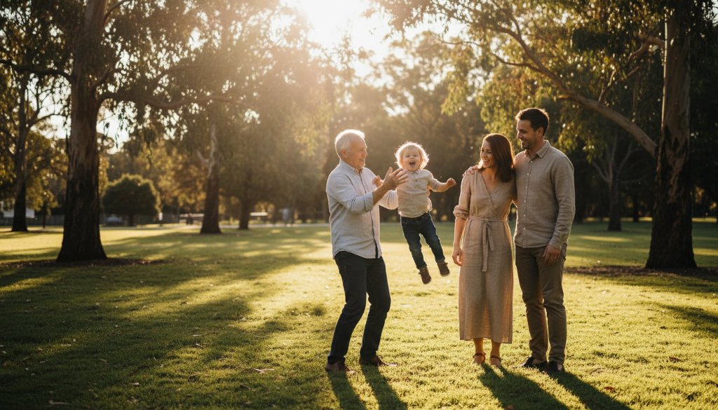 A heartwarming, sun-drenched photograph capturing authentic candid photography moments Carnegie, featuring a family laughing joyously in a park, with golden hour light creating a cinematic glow, highlighting their genuine connection.