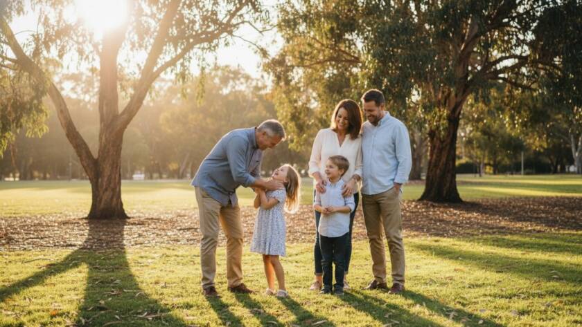 A heartwarming and authentic candid photography moment in Forest Hill, capturing a family laughing joyfully amidst the lush greenery of a local park, professionally colour-graded with dramatic natural light.