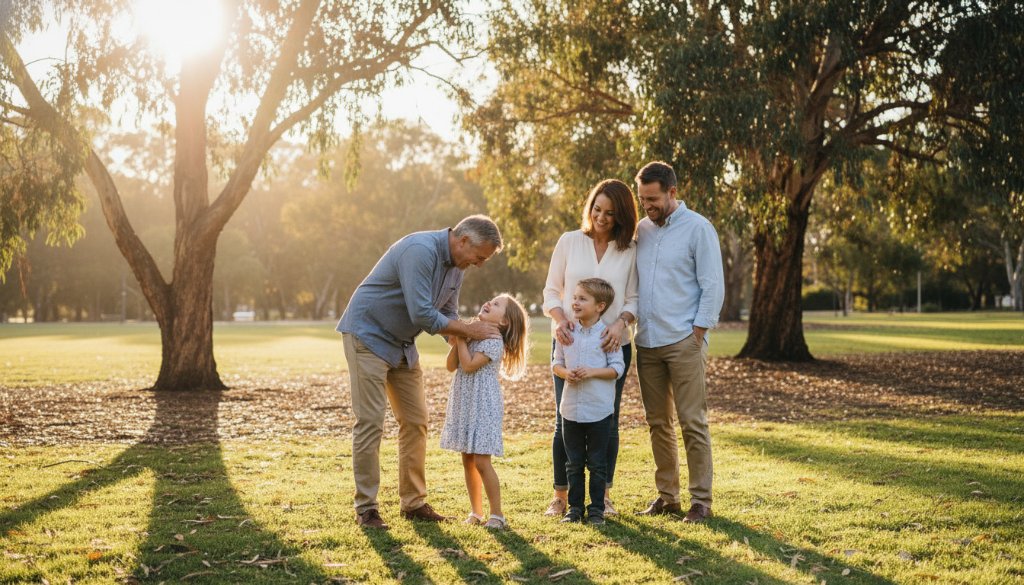 A heartwarming and authentic candid photography moment in Forest Hill, capturing a family laughing joyfully amidst the lush greenery of a local park, professionally colour-graded with dramatic natural light.