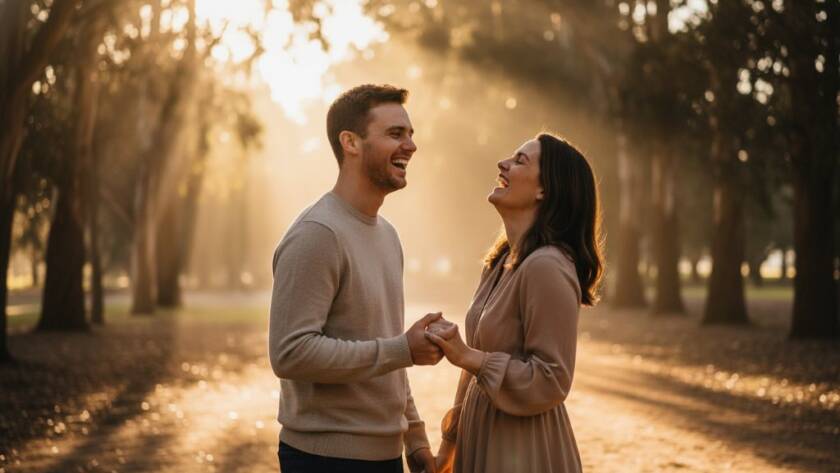 An authentic candid photography moment Oakleigh South, capturing a couple laughing joyfully in the golden hour at Warrawee Park, with dappled sunlight through eucalyptus trees creating a magical, emotional scene. Professional photography, dramatic lighting, warm colour grading.