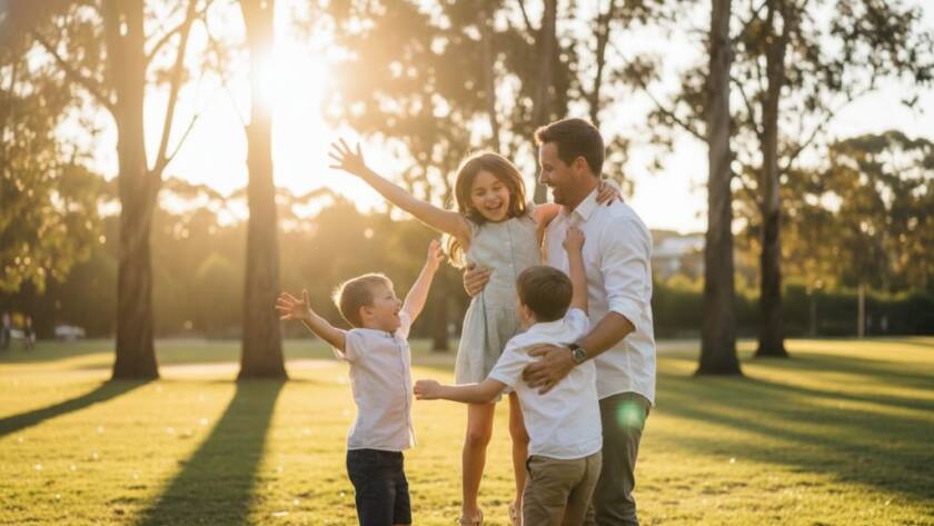 An Authentic Candid Photography Mount Waverley family moment, featuring a family laughing joyfully as they play with their child in a sun-drenched park, late afternoon light, cinematic, professional.