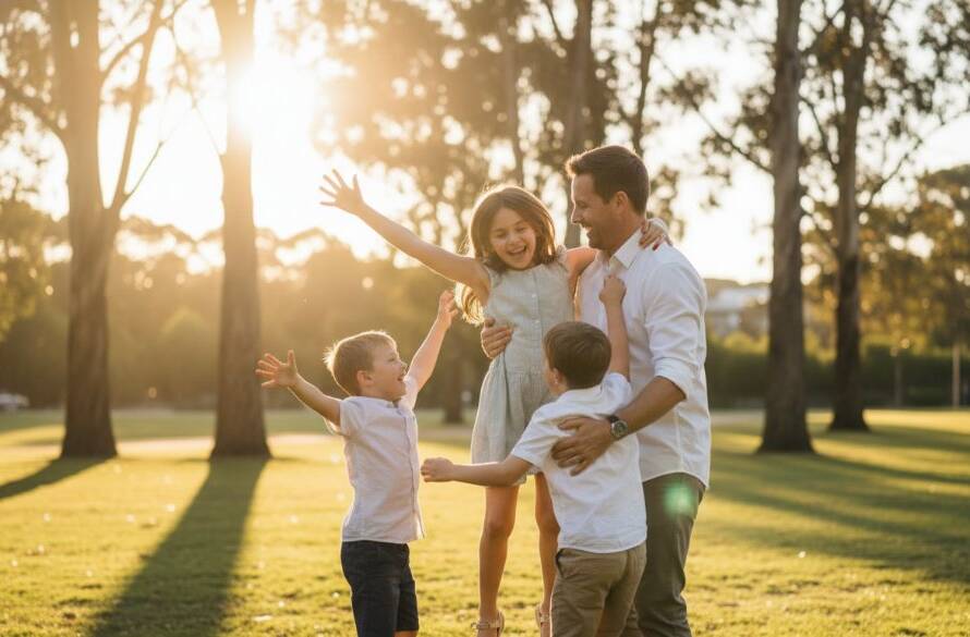An Authentic Candid Photography Mount Waverley family moment, featuring a family laughing joyfully as they play with their child in a sun-drenched park, late afternoon light, cinematic, professional.