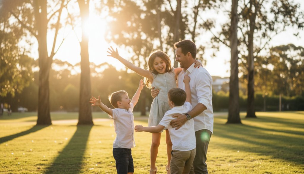 An Authentic Candid Photography Mount Waverley family moment, featuring a family laughing joyfully as they play with their child in a sun-drenched park, late afternoon light, cinematic, professional.