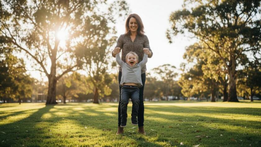 An authentic candid photography Murrumbeena family moment, capturing a child's joyful laugh as they are gently swung by their parents in a sun-dappled park, with Murrumbeena's lush greenery in the background, professional colour grading.
