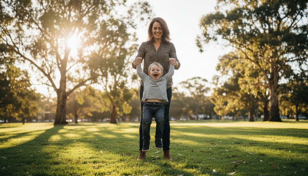 An authentic candid photography Murrumbeena family moment, capturing a child's joyful laugh as they are gently swung by their parents in a sun-dappled park, with Murrumbeena's lush greenery in the background, professional colour grading.