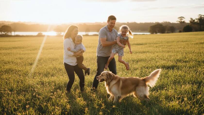 An authentic candid photography Narre Warren family moments scene: A young family bursts into laughter while playing with their dog in a sun-drenched park near Lysterfield Lake, capturing an epic moment of pure joy and connection.