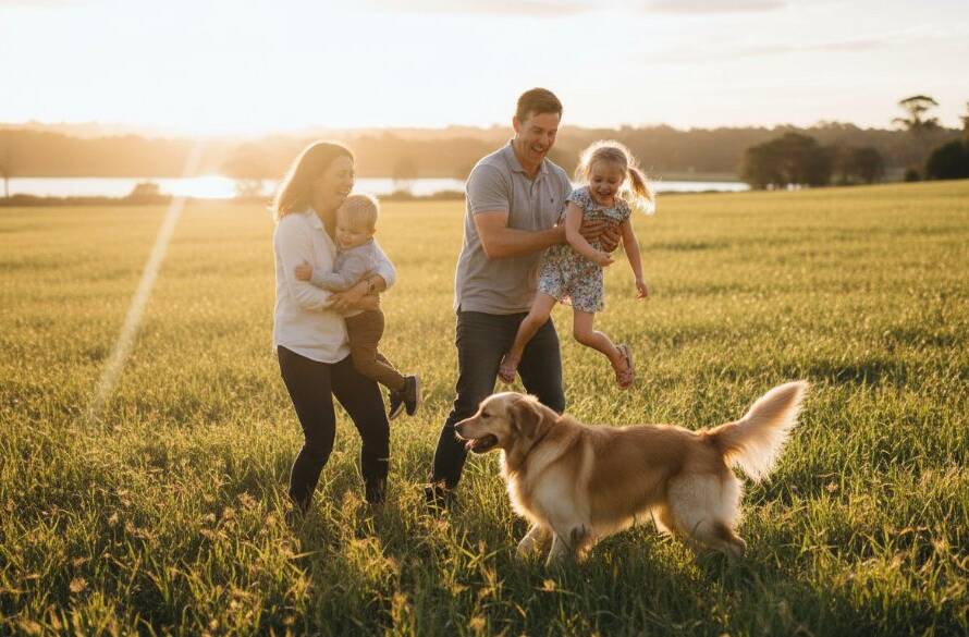 An authentic candid photography Narre Warren family moments scene: A young family bursts into laughter while playing with their dog in a sun-drenched park near Lysterfield Lake, capturing an epic moment of pure joy and connection.